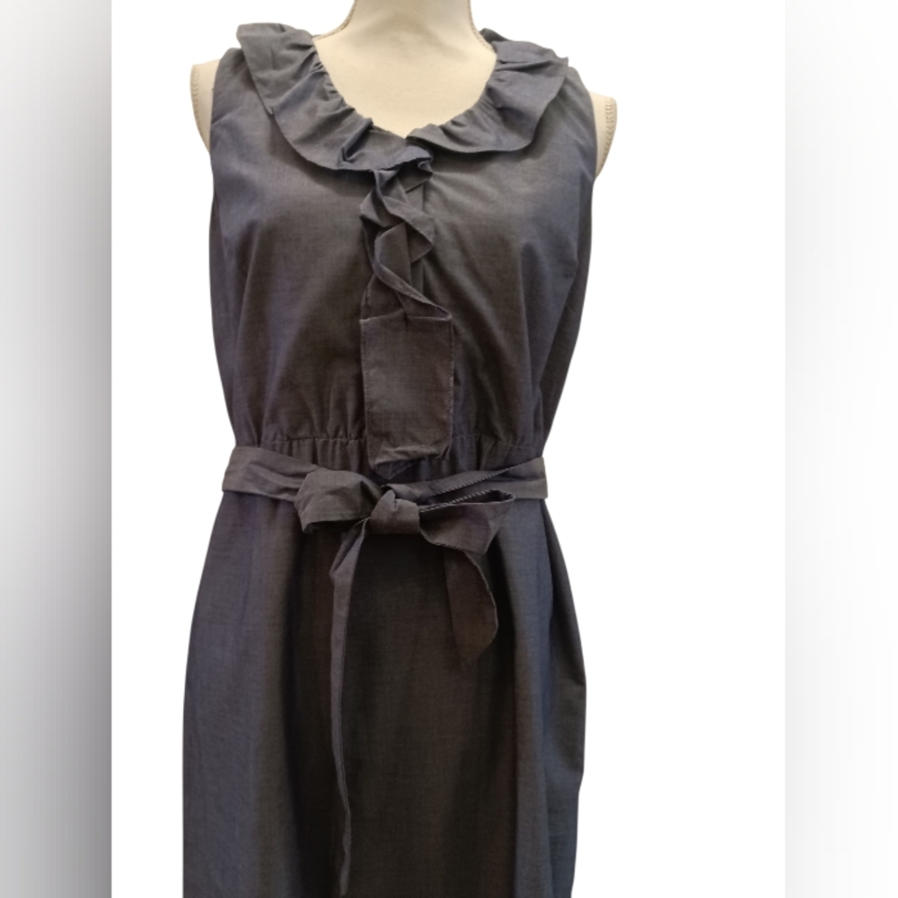 Ann Taylor Factory Blue Chambray Ruffle Tie waist Sleeveless Dress 10P NWT - Picture 4 of 10